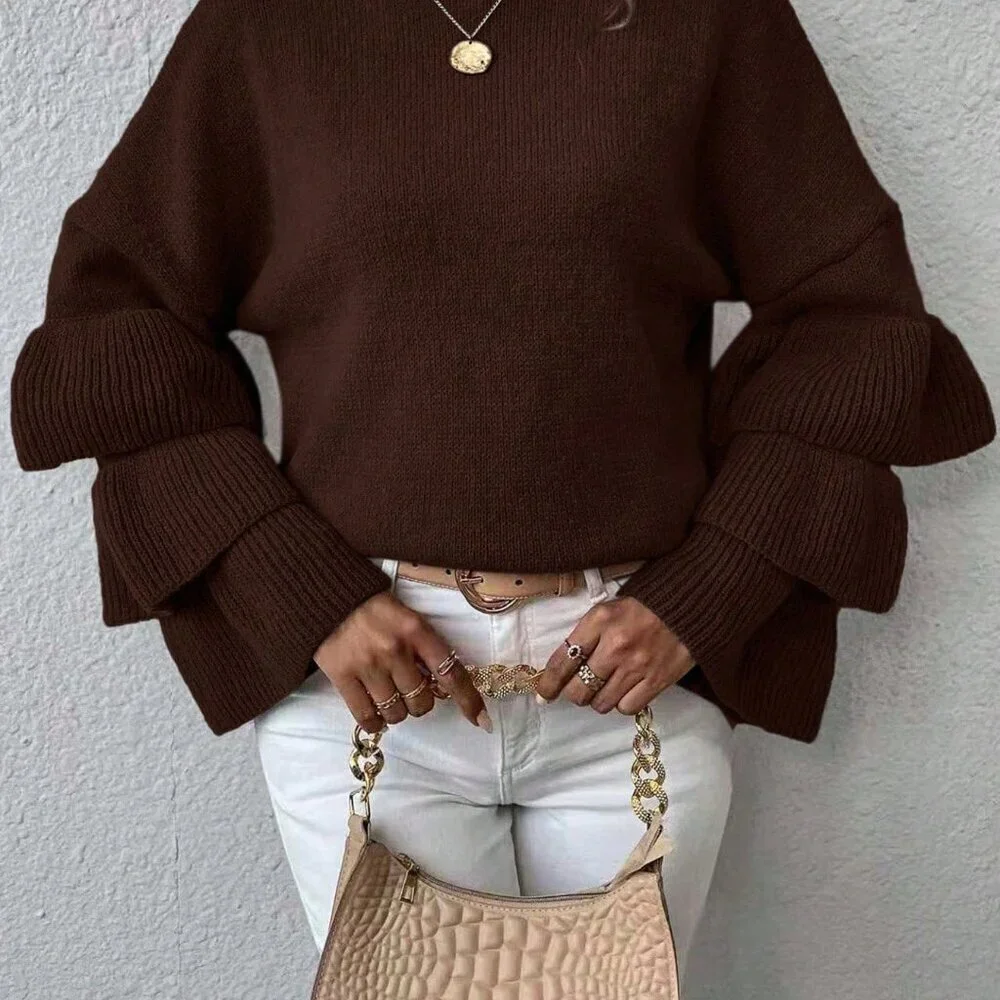 Coffee Brown Casual Women's Loose Sweater with Ruffle Hem and Drop Shoulder